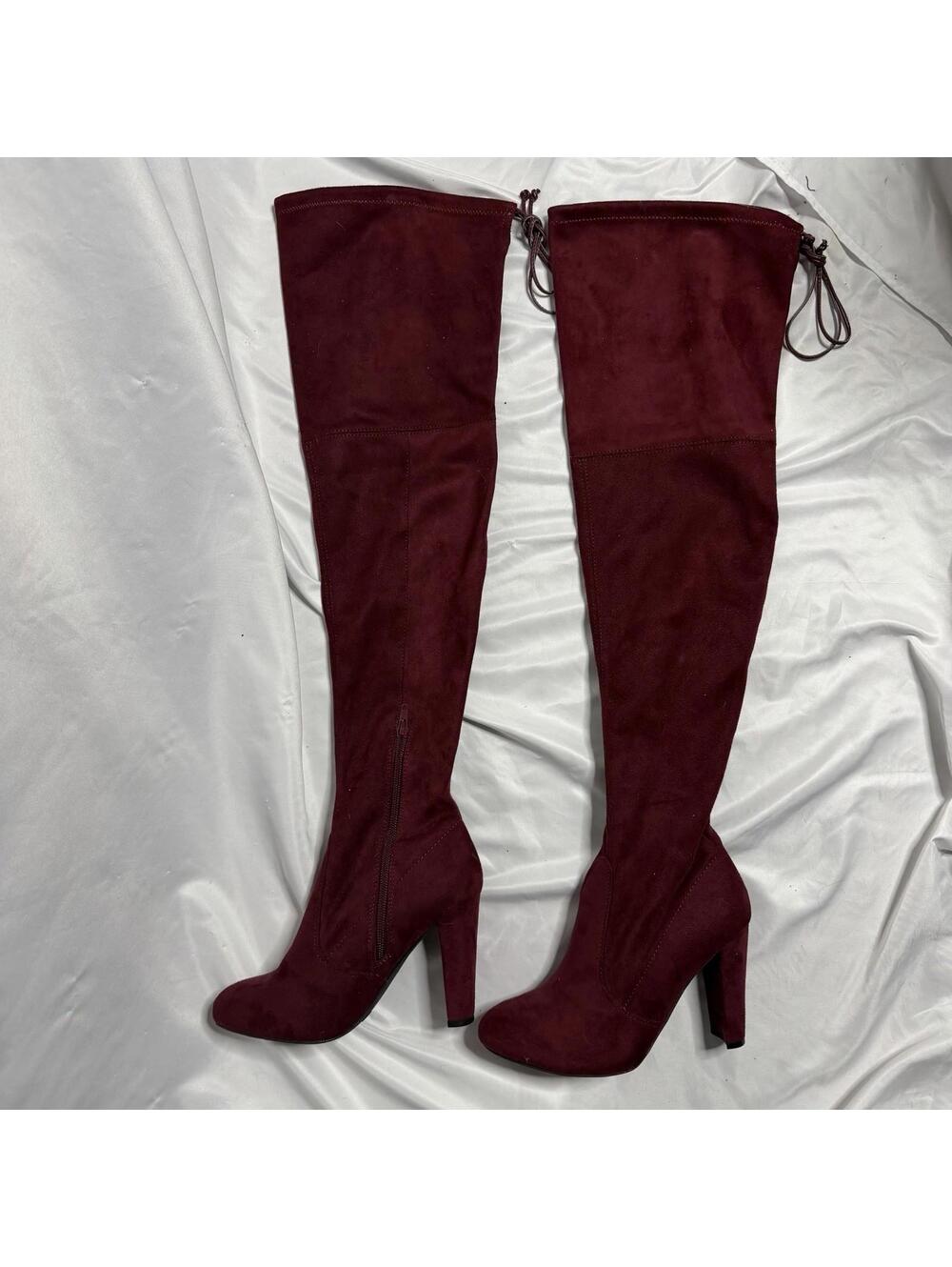 Charlotte Russe Over the Knee Heeled Boots in Burgundy Faux Suede Size 7